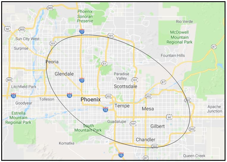 Map of the areas in metro Phoenix AZ area where we service A/C systems